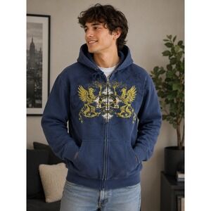 Avirex Brand Mens 3XL Blue Full Zip Hoodie Griffin Cross Graphic Sweatshirt